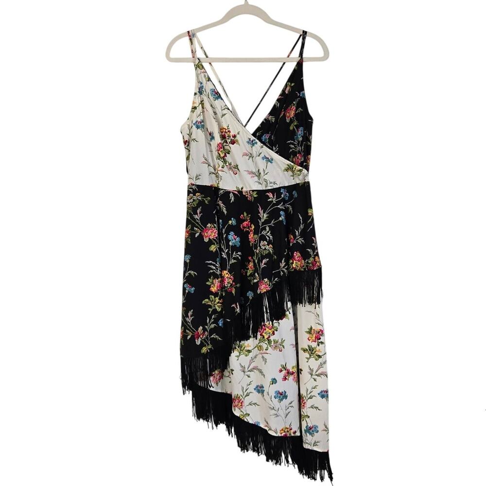 Asymmetrical Asos Fringe Cami Midi Dress Mixed Floral Print Black Tiers Size 14